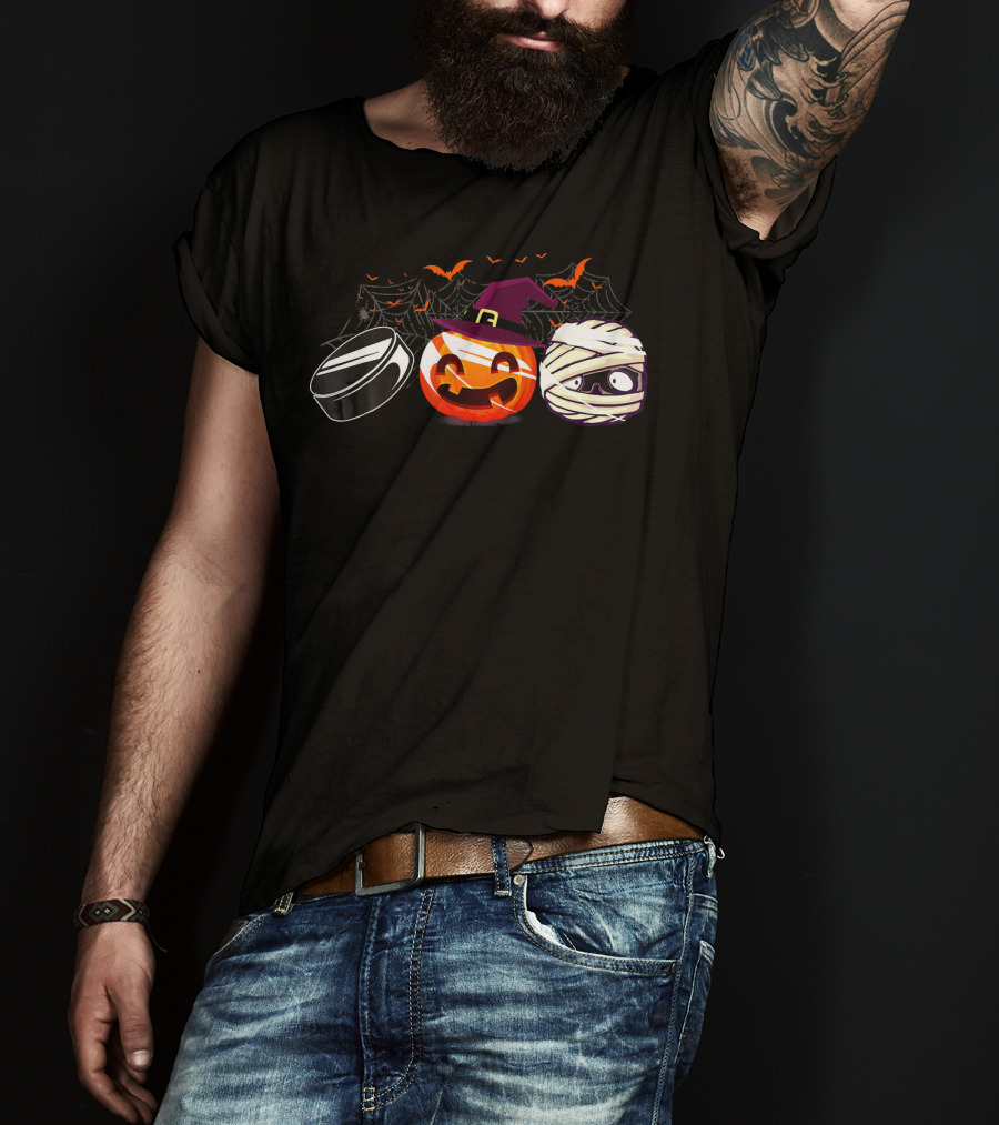 Hockey Puck Witch Pumpkin Mummy Halloween Bats Webs T-Shirt