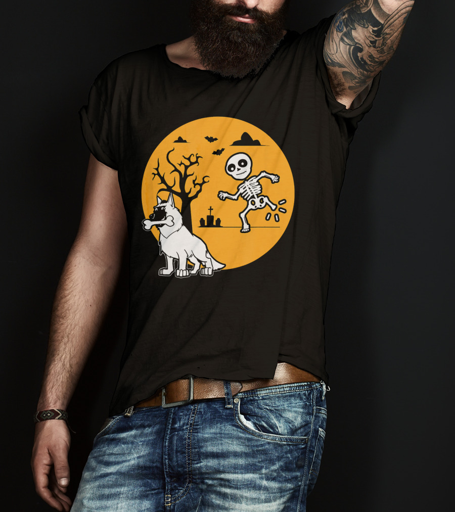 Belgian Malinois Skeleton Bone Halloween Moon Graveyard Scene T-Shirt