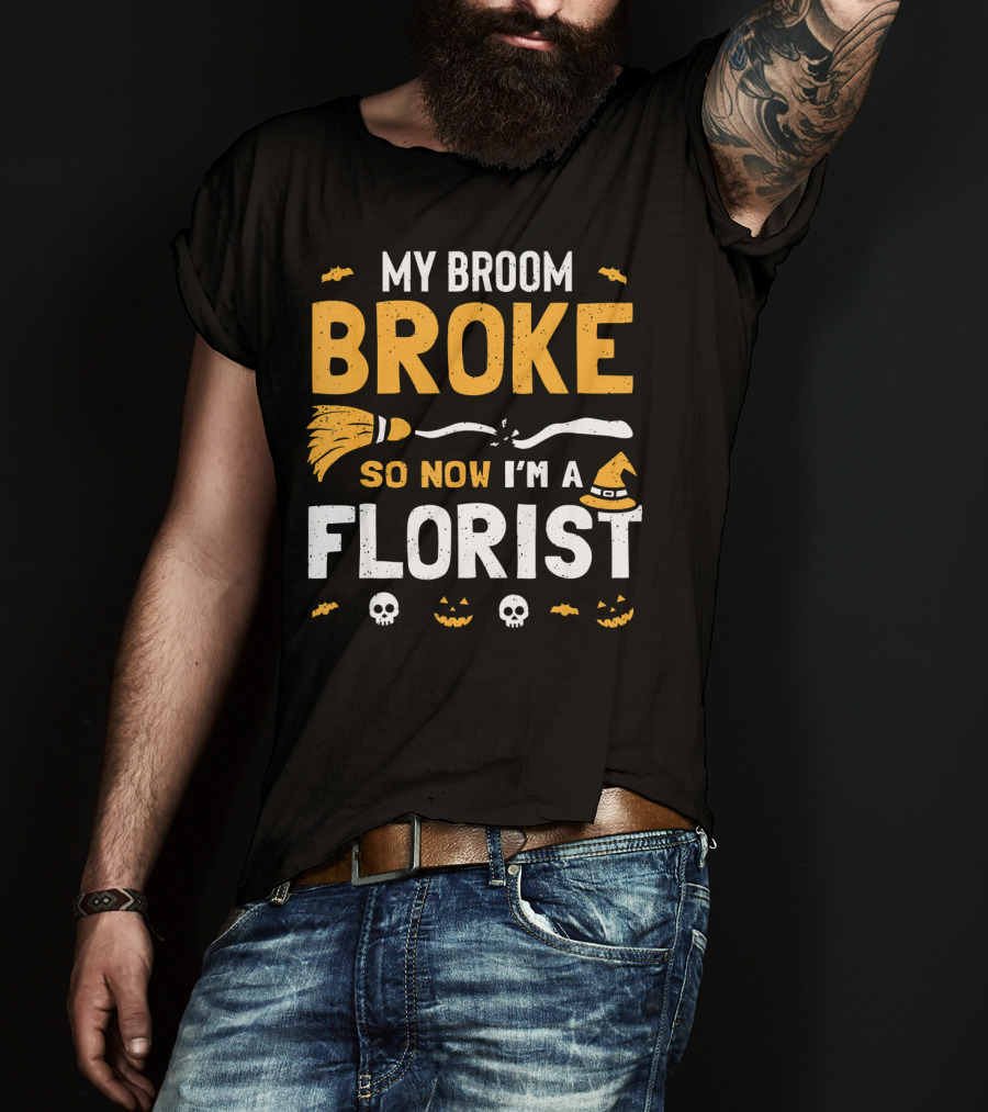 Broke Broom Halloween Florist Costume With Witch Hat And Pumpkins T-Shirt