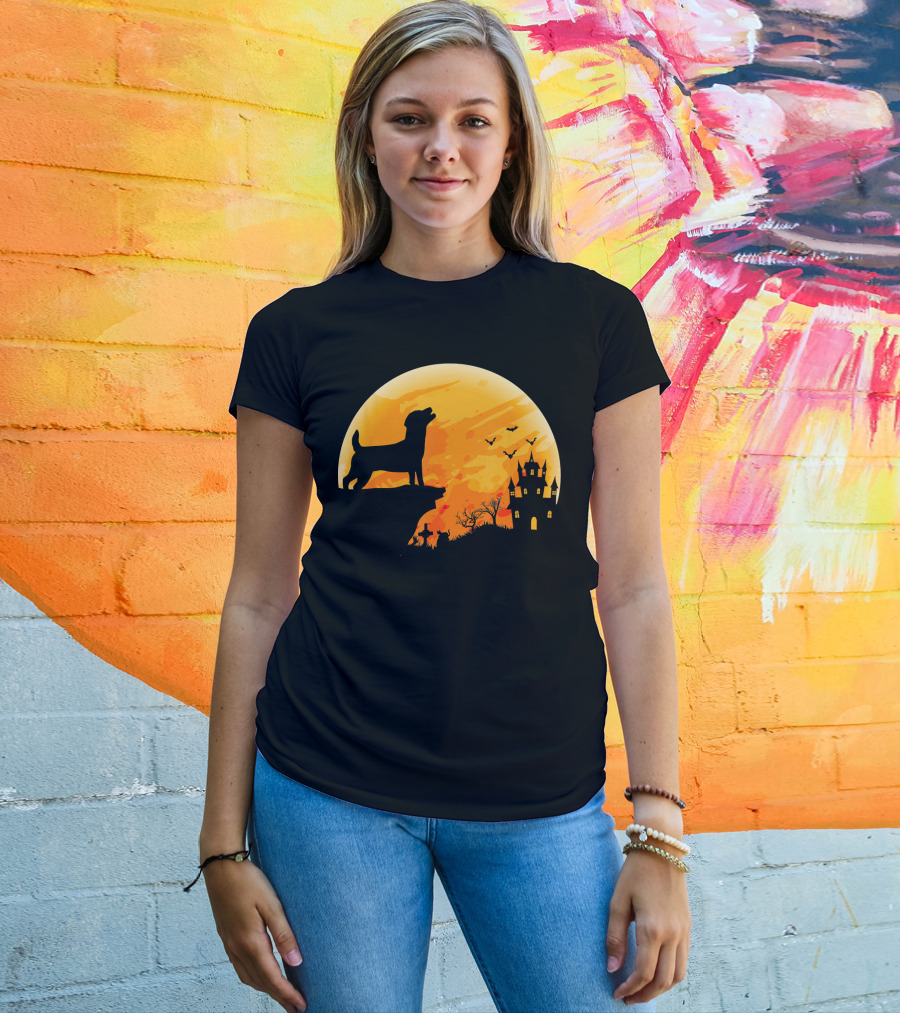 Halloween Costume Jack Russell Terrier Moonlit Haunted Castle Scene T-Shirt