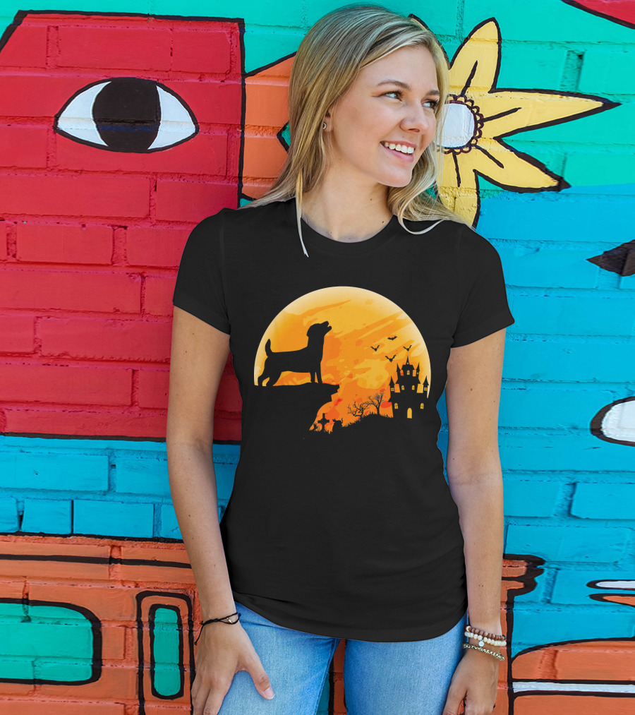 Halloween Costume Jack Russell Terrier Moonlit Haunted Castle Scene T-Shirt