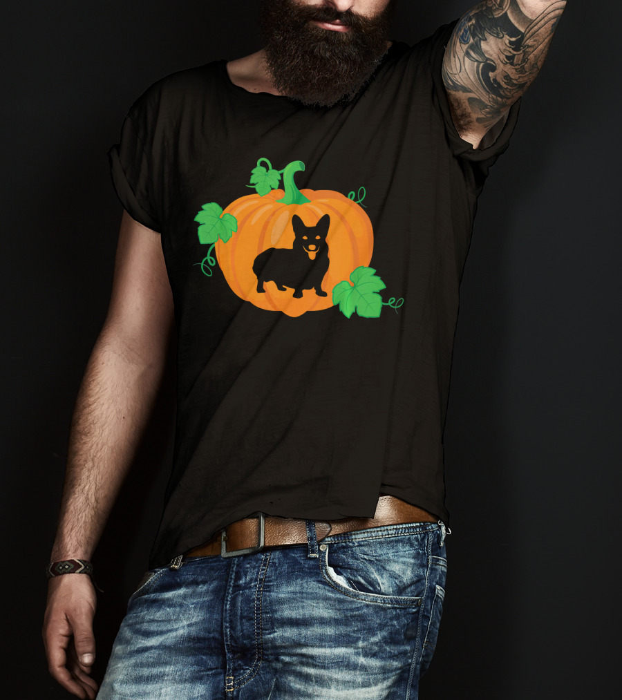 Corgi Dog Pumpkin Halloween Silhouette With Leaves T-Shirt