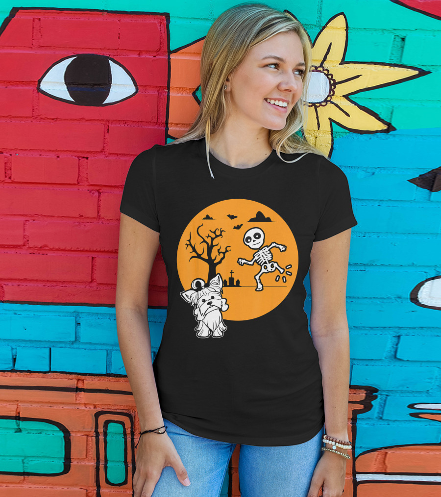 Yorkshire Terrier Halloween Costume Skeleton Dance Moon Bat Graveyard T-Shirt