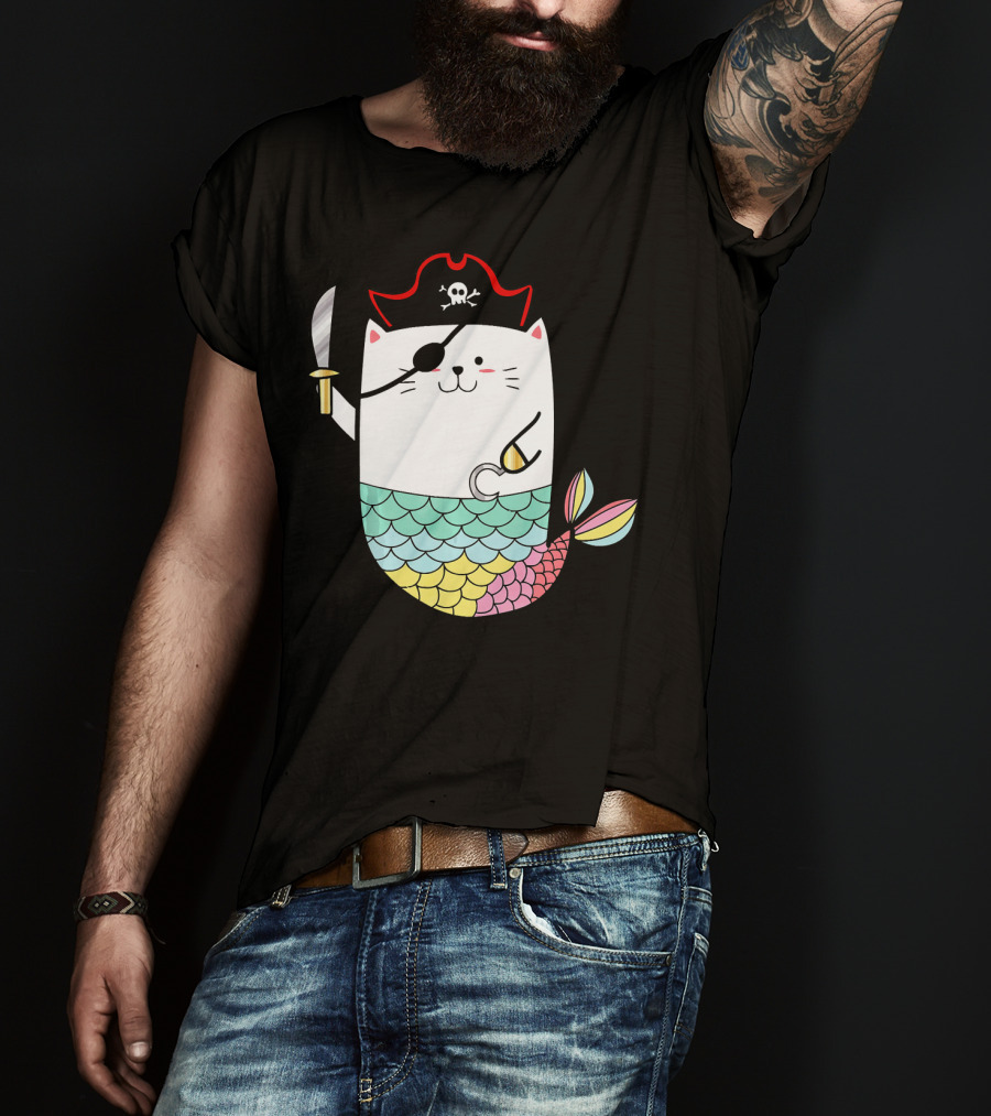Halloween Mermaid Pirate Cat With Eye Patch And Sword T-Shirt
