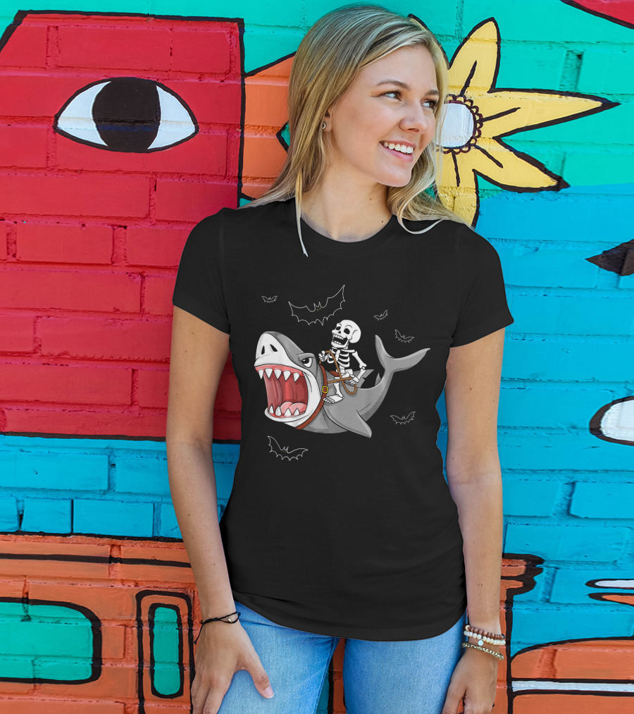 Skeleton Riding Shark Funny Halloween Bat T-Shirt