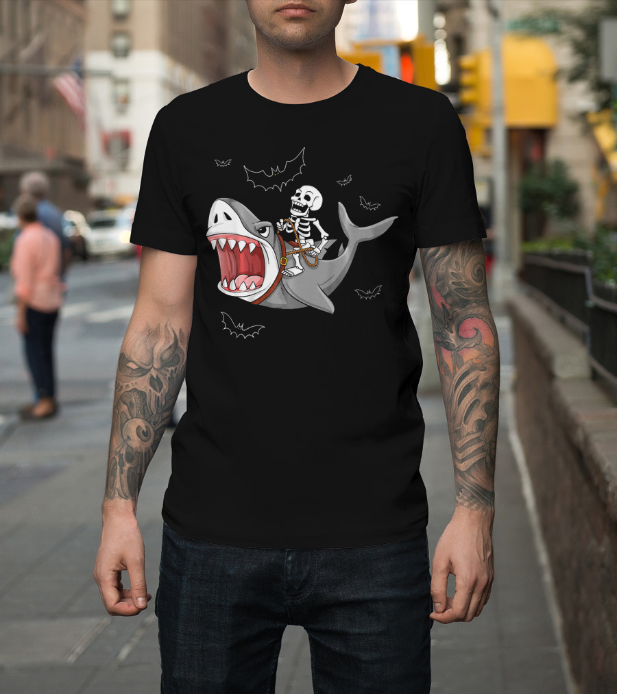 Skeleton Riding Shark Funny Halloween Bat T-Shirt