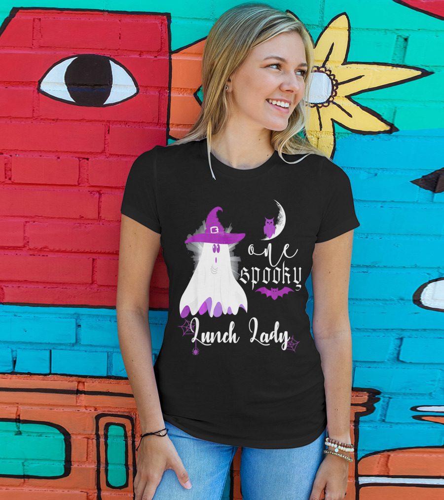 One Spooky Lunch Lady Halloween Ghost With Purple Bat And Moon T-Shirt