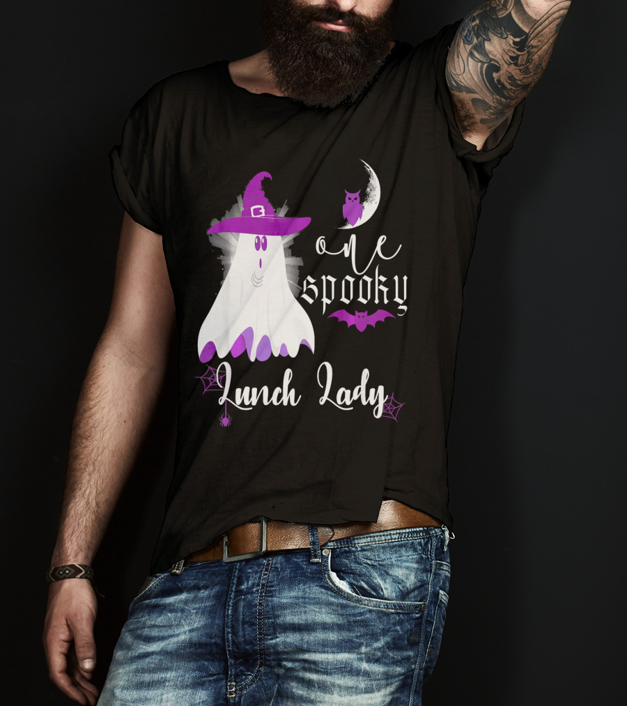 One Spooky Lunch Lady Halloween Ghost With Purple Bat And Moon T-Shirt