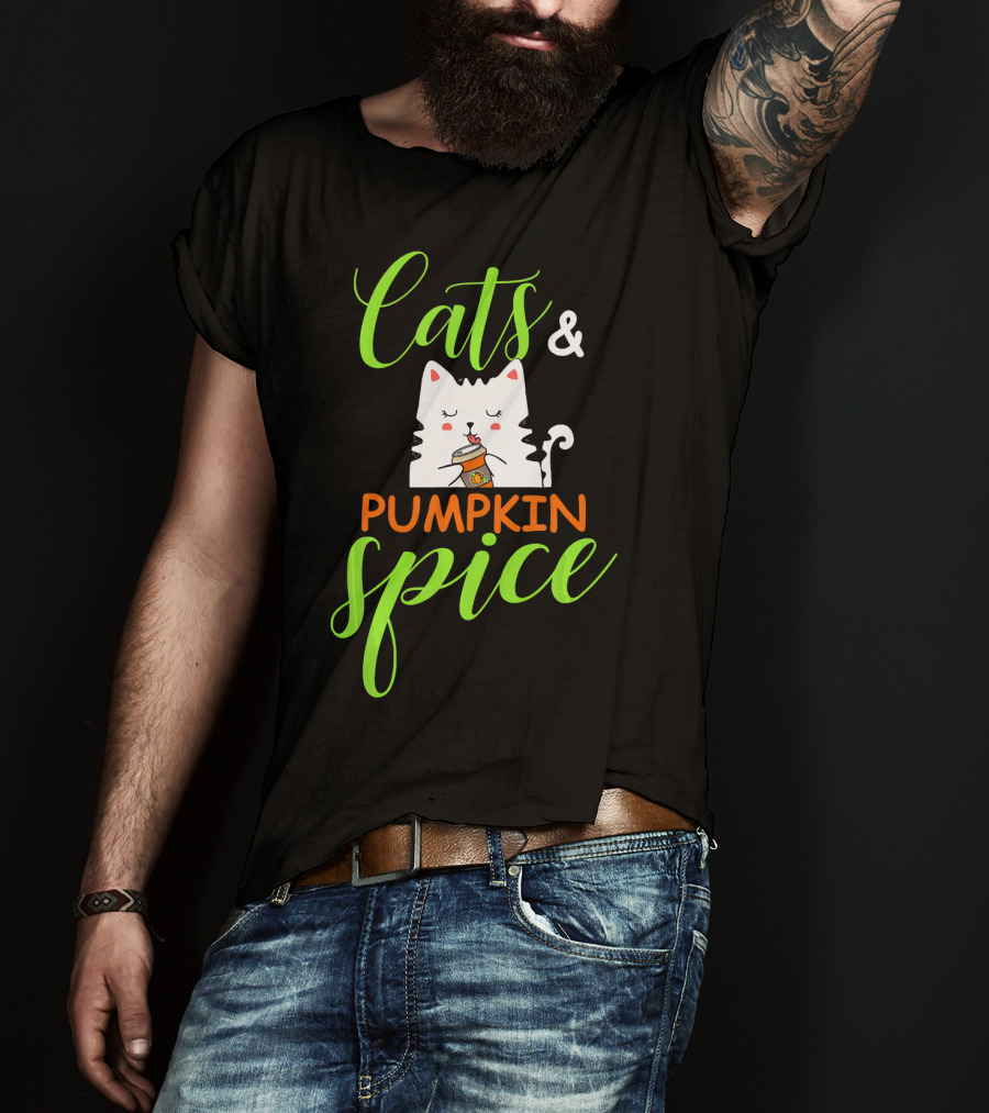 Cats And Pumpkin Spice Fall Autumn Cozy Cat With Coffee Cup T-Shirt
