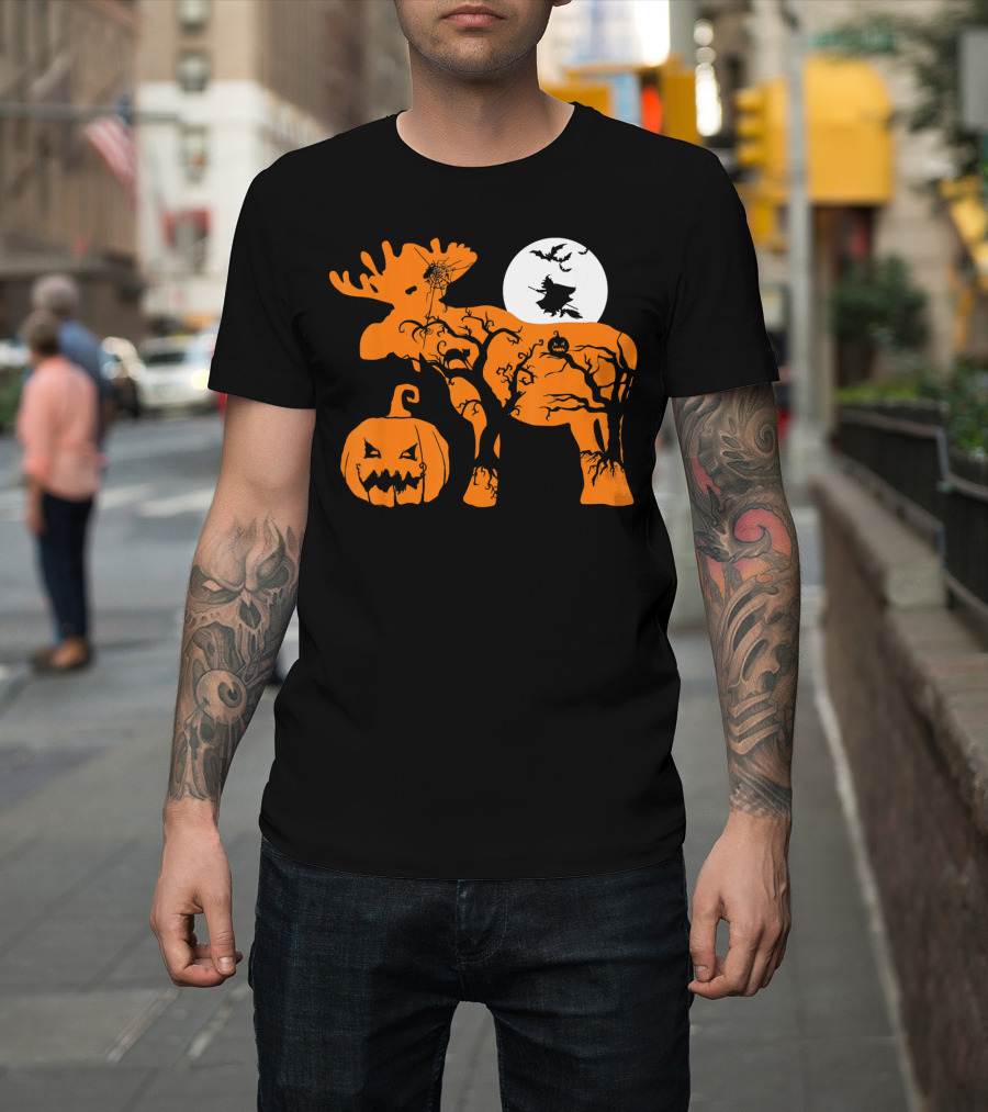 Witch Bat Moon Pumpkin Moose With Spider Web T-Shirt