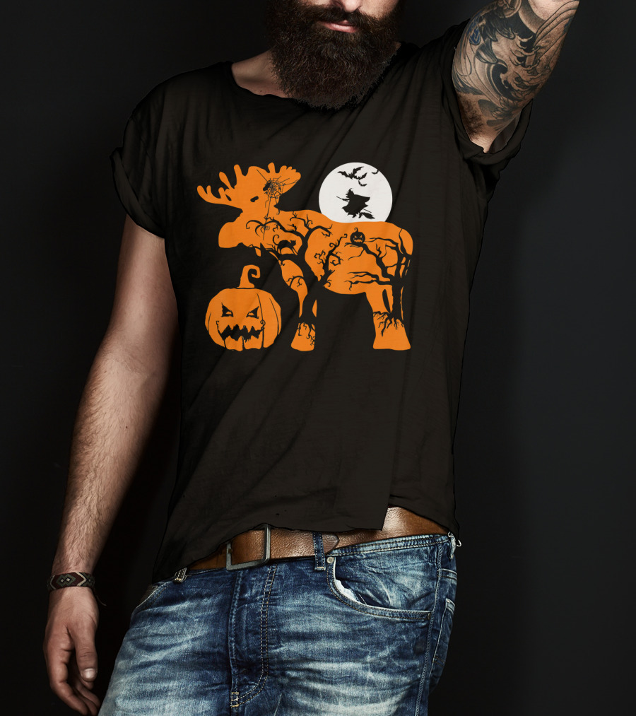 Witch Bat Moon Pumpkin Moose With Spider Web T-Shirt