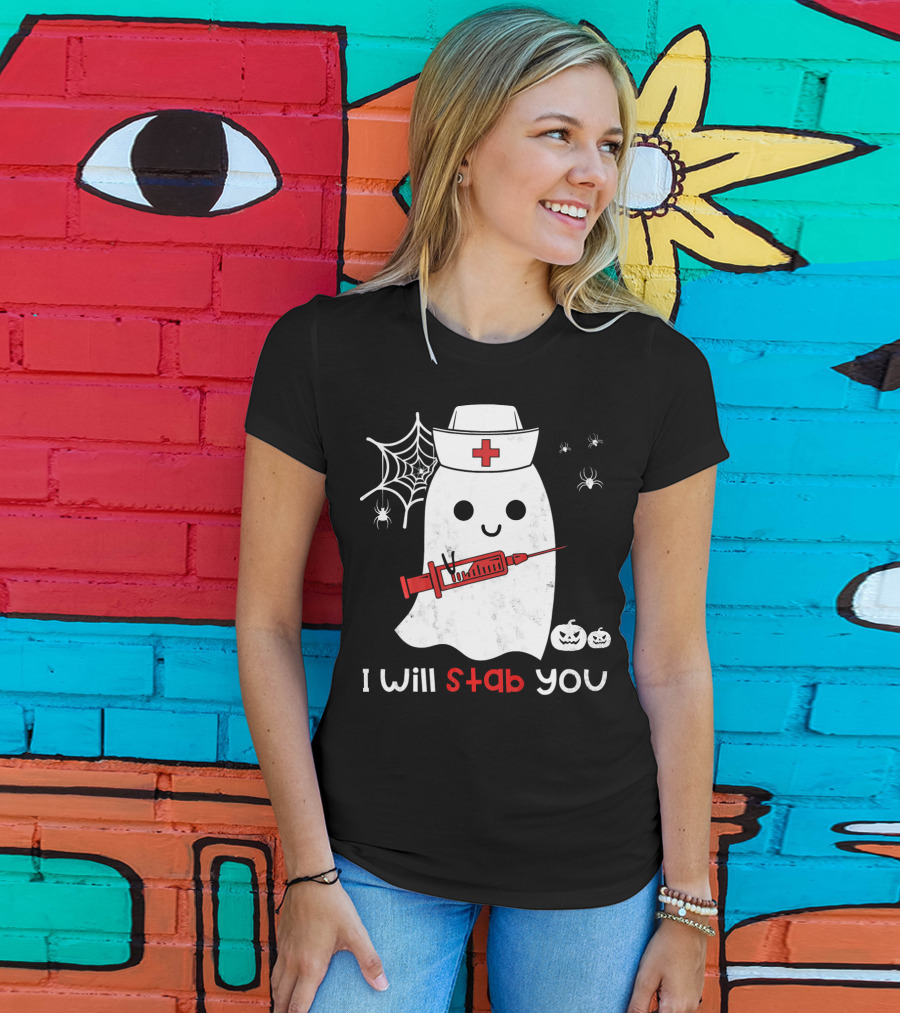 Nurse Ghost I Will Stab You Halloween Spiders Pumpkins T-Shirt
