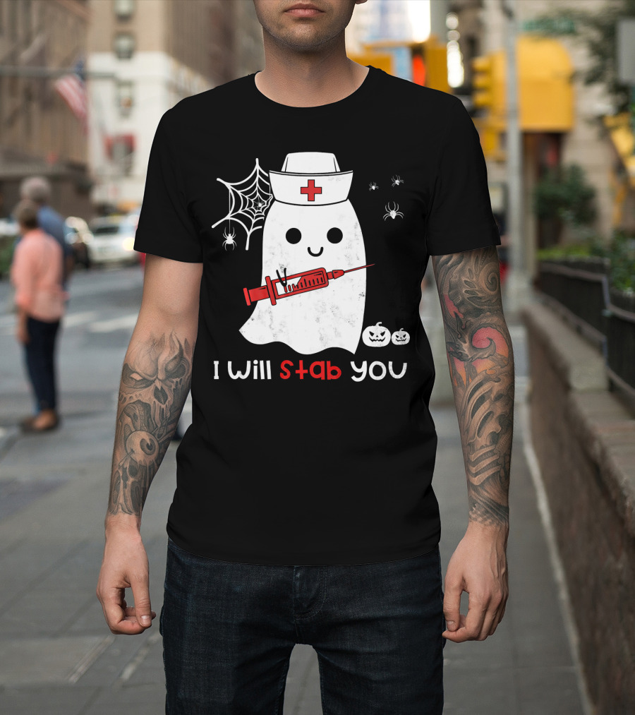 Nurse Ghost I Will Stab You Halloween Spiders Pumpkins T-Shirt