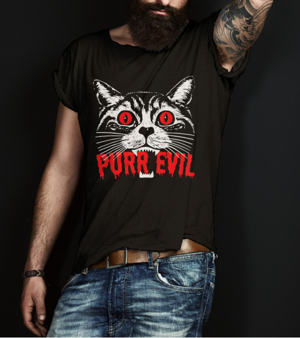 Purr Evil Satanic Cat Red Eyes Halloween T-Shirt