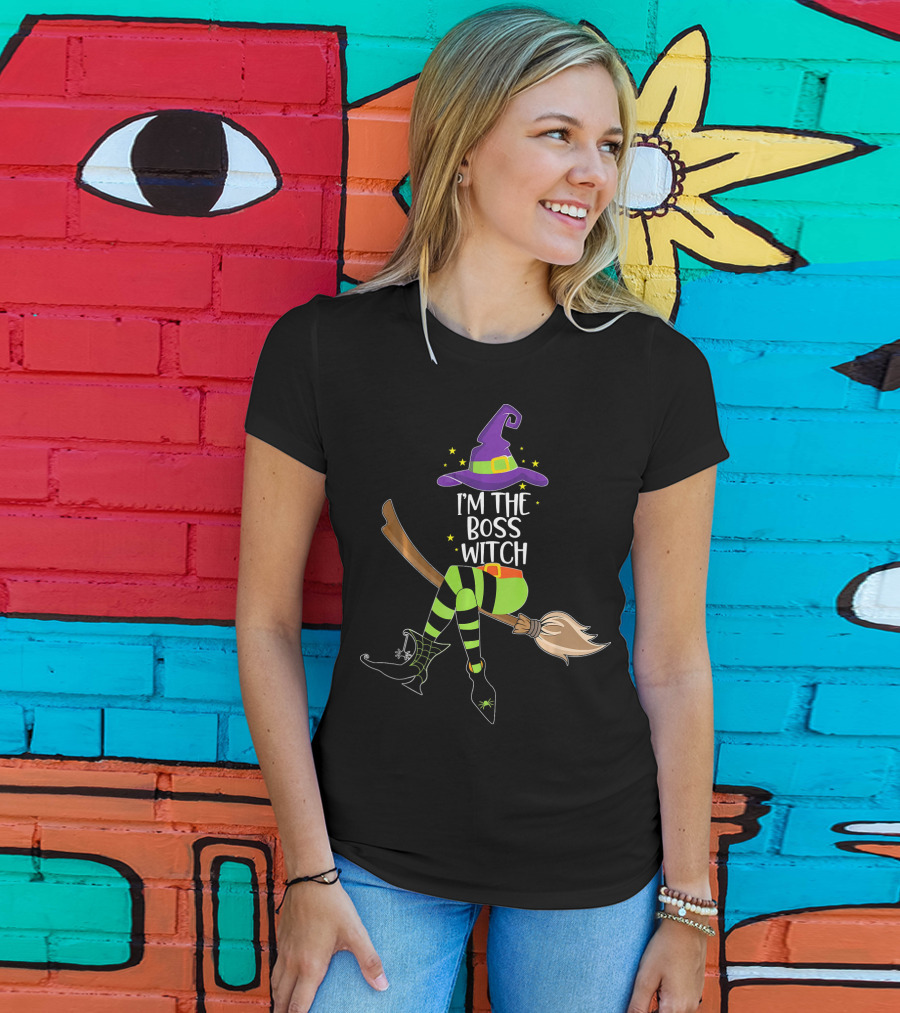 I'm The Boss Witch Halloween Witch Hat Broomstick Stripes T-Shirt