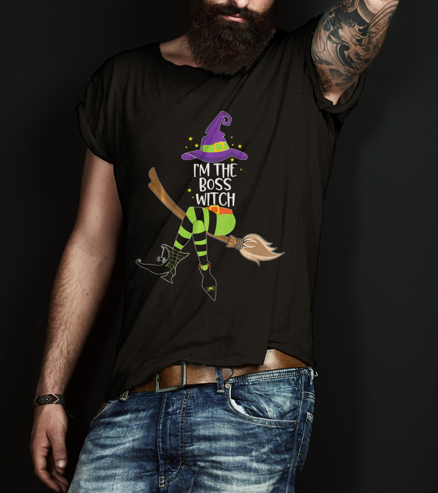 I'm The Boss Witch Halloween Witch Hat Broomstick Stripes T-Shirt