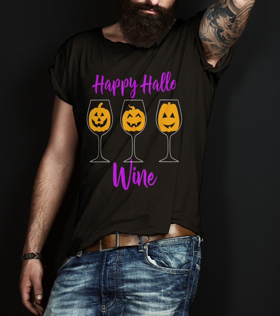 Happy Hallo Wine Funny Halloween Pumpkins In Wine Glasses T-Shirt