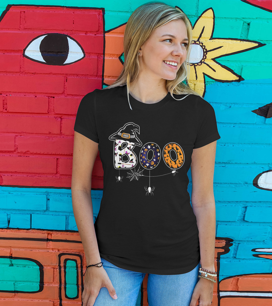 Boo Halloween Witch Hat Spider Web Letters T-Shirt