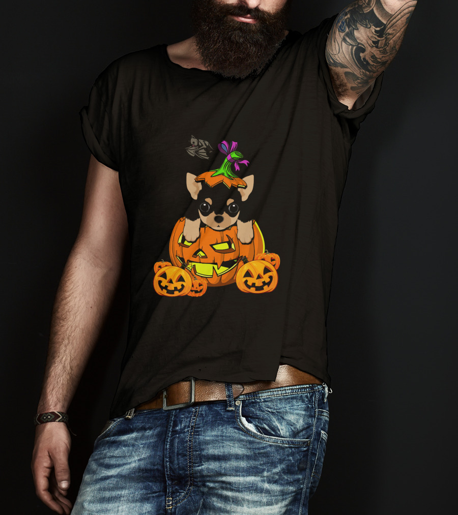 Happy Halloween Funny Chihuahua Jack-O'-Lantern Pumpkin With Bats T-Shirt