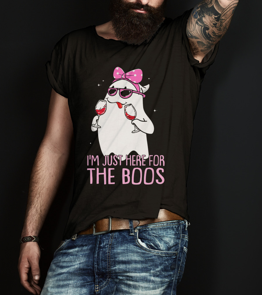 I'm Just Here For The Boos Wine Lover Ghost With Bow And Sunglasses T-Shirt