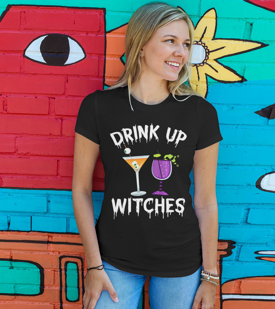 Drink Up Witches Funny Halloween Pun Cocktail Eyeball And Broomstick Drinks T-Shirt