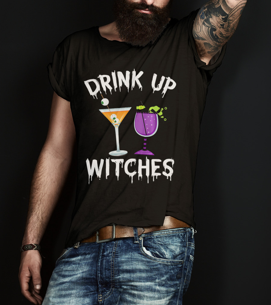 Drink Up Witches Funny Halloween Pun Cocktail Eyeball And Broomstick Drinks T-Shirt