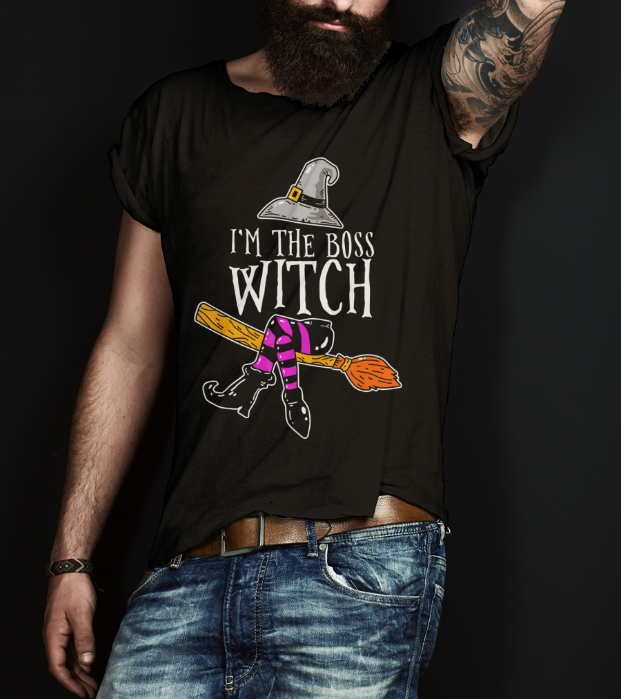 I'm The Boss Witch Funny Halloween Hat Broomstick Boots Striped Socks T-Shirt