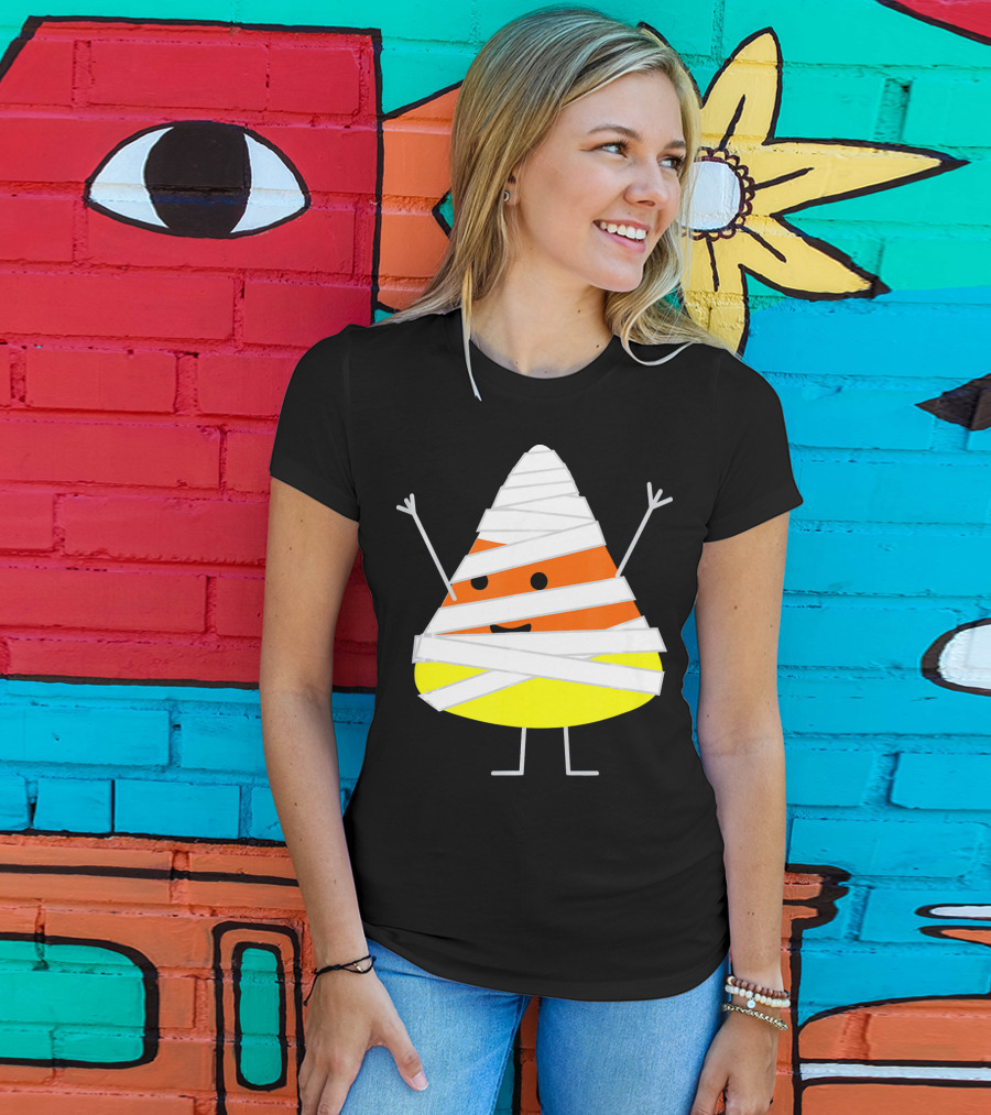 Mummy Wrapped Cartoon Candy Corn Halloween T-Shirt