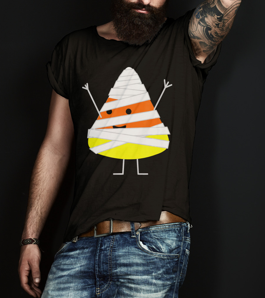 Mummy Wrapped Cartoon Candy Corn Halloween T-Shirt