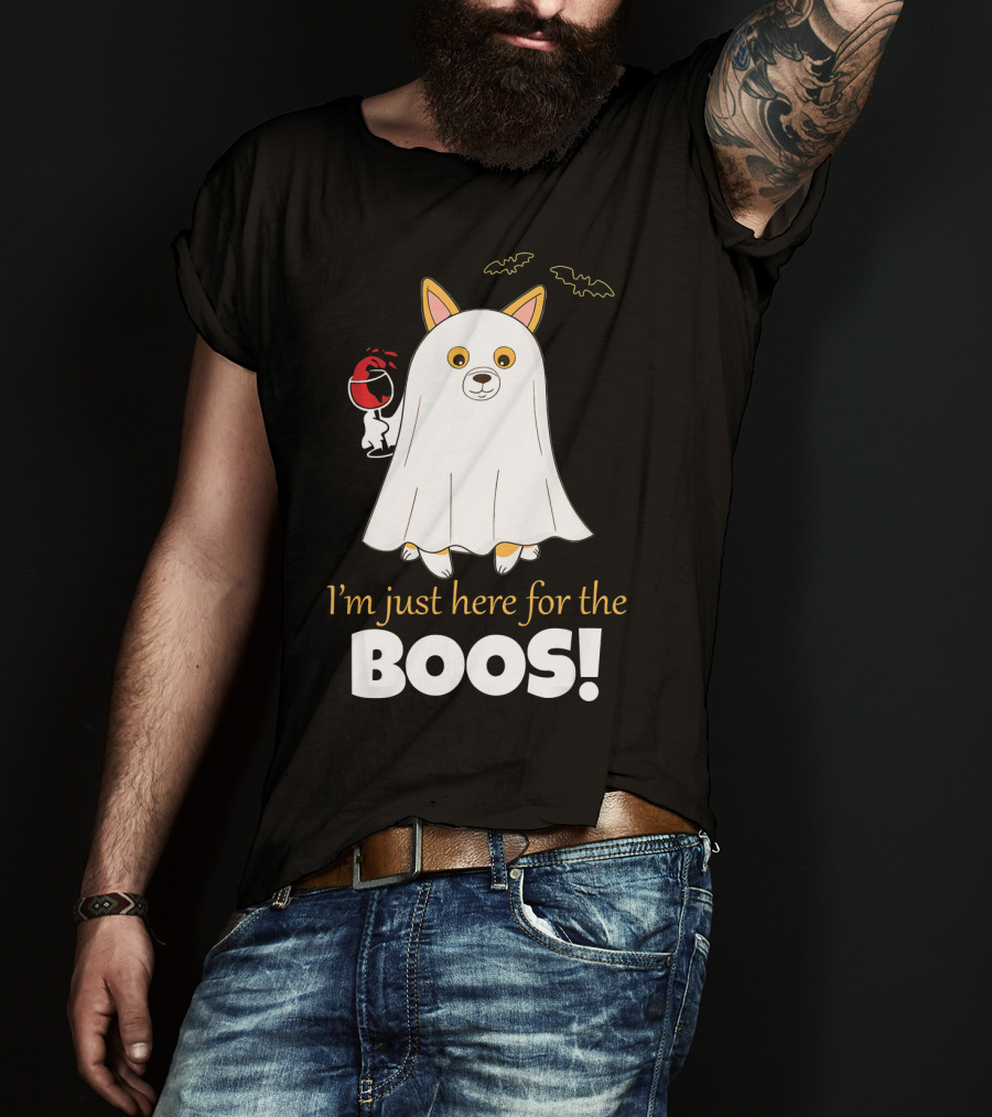 I'm Just Here For The Boos Corgi With Wine And Bat Decorations T-Shirt