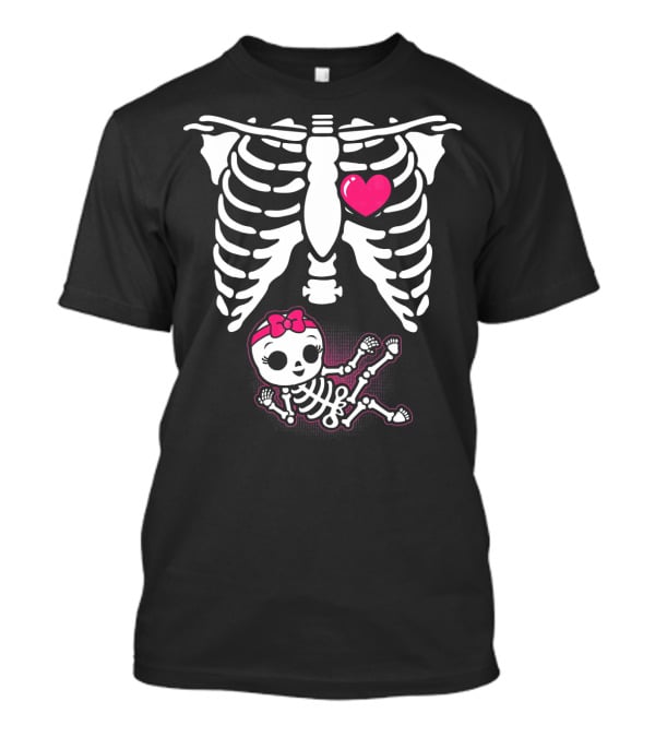 Halloween Skeleton Pregnancy Ribcage With Baby Girl And Heart T-Shirt