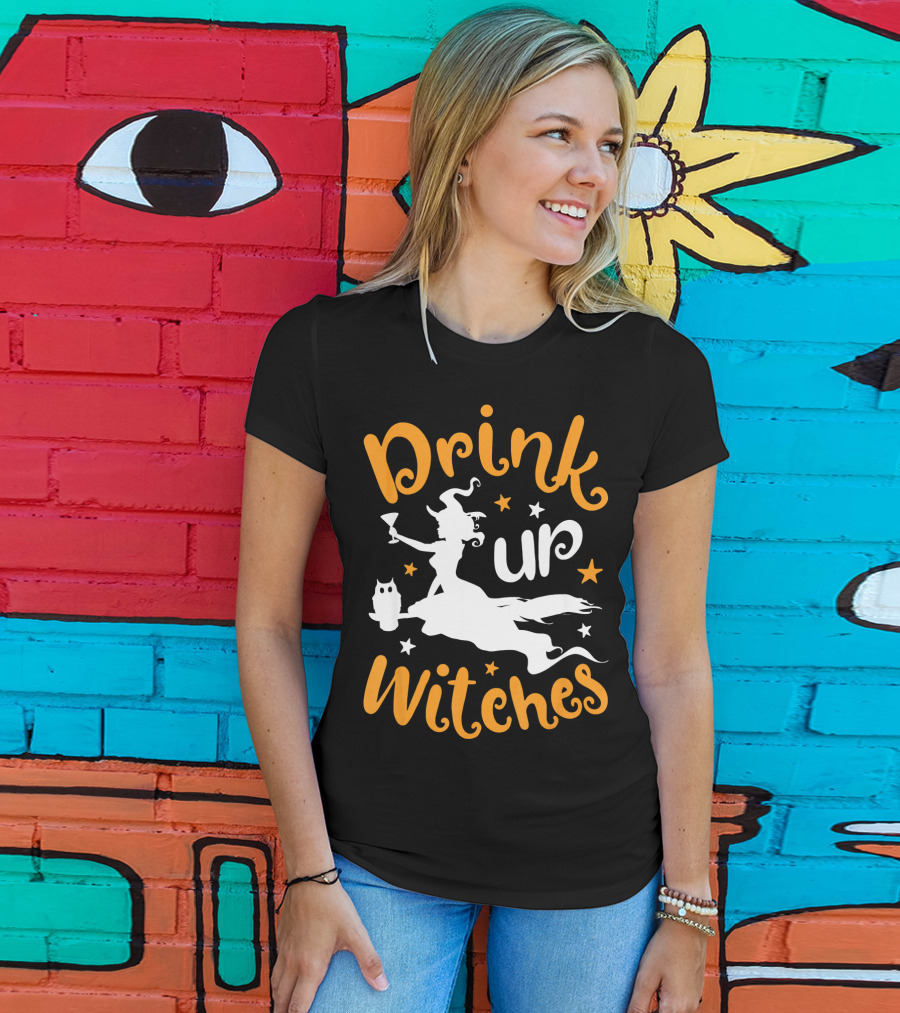Drink Up Witches Halloween Witch Silhouette With Owl And Stars T-Shirt