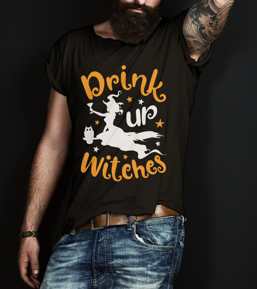 Drink Up Witches Halloween Witch Silhouette With Owl And Stars T-Shirt