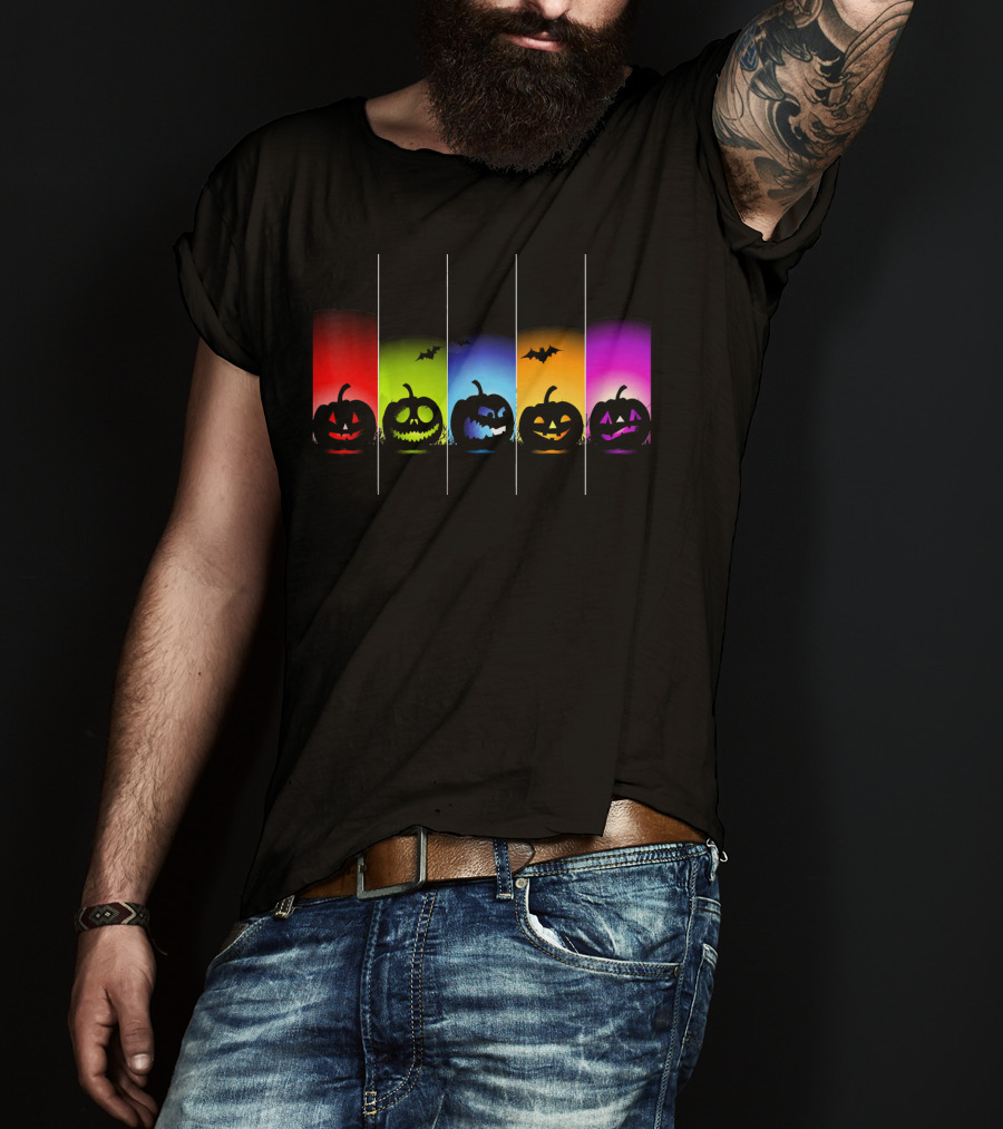 Rainbow Halloween Pumpkins With Colorful Backgrounds And Bats T-Shirt