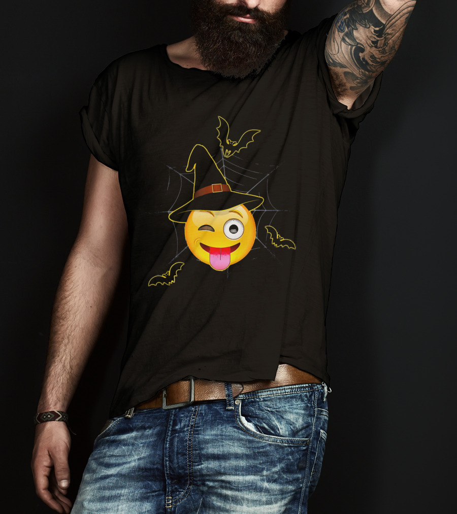 Funny Halloween Witch Emoji Winking Face With Bats And Spider Web T-Shirt