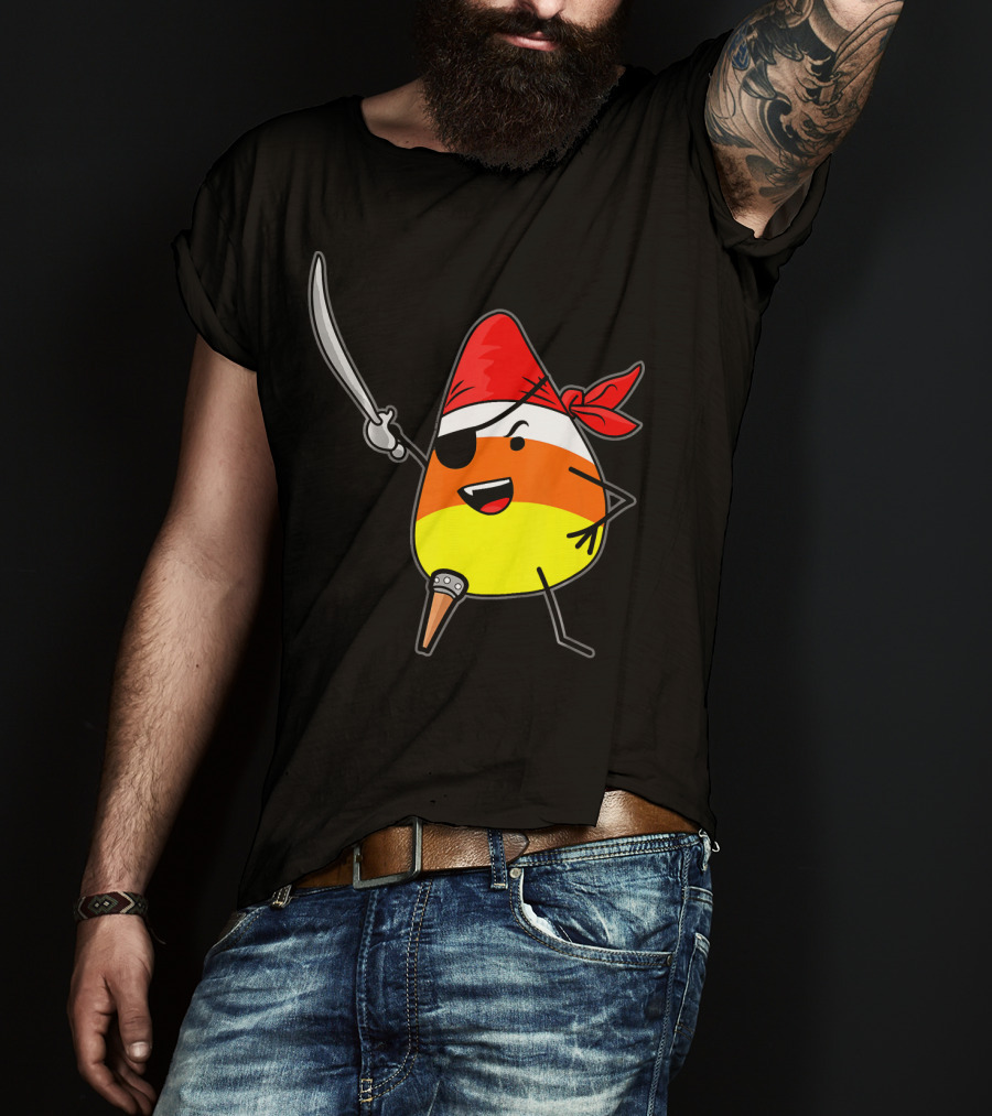 Candy Corn Pirate With Jolly Roger Sword Halloween T-Shirt