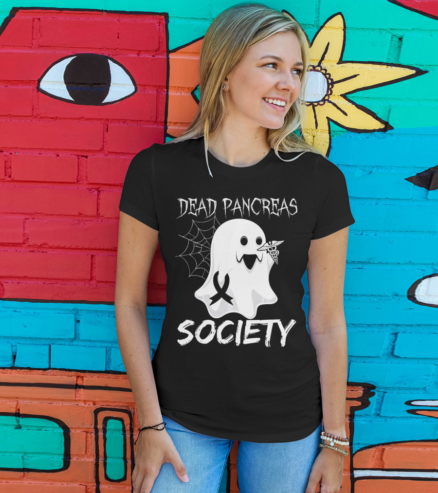 Dead Pancreas Society Ghost With Ribbon And Caduceus Diabetes Awareness T-Shirt