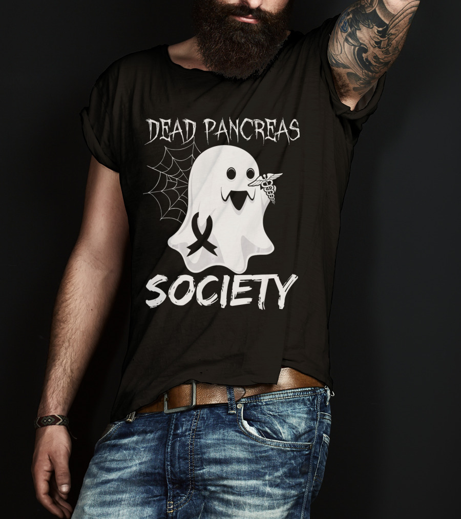 Dead Pancreas Society Ghost With Ribbon And Caduceus Diabetes Awareness T-Shirt