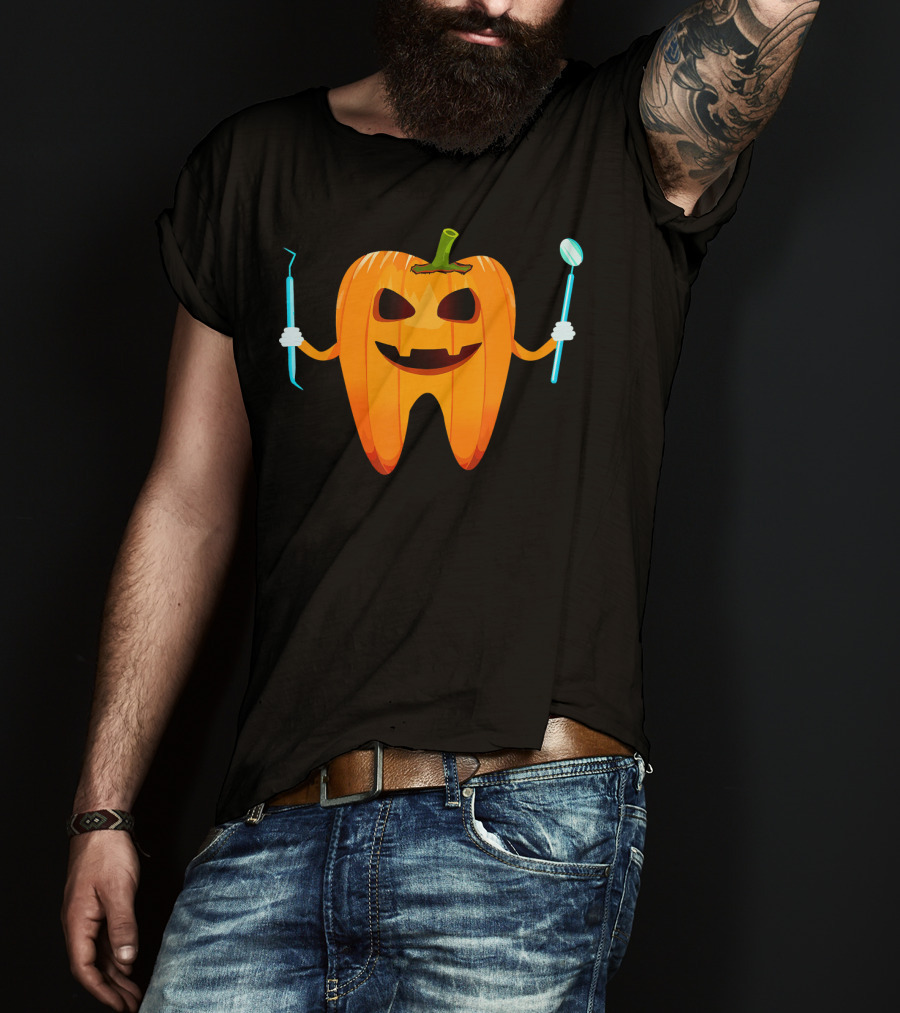 Halloween Tooth Pumpkin Holding Dental Tools T-Shirt