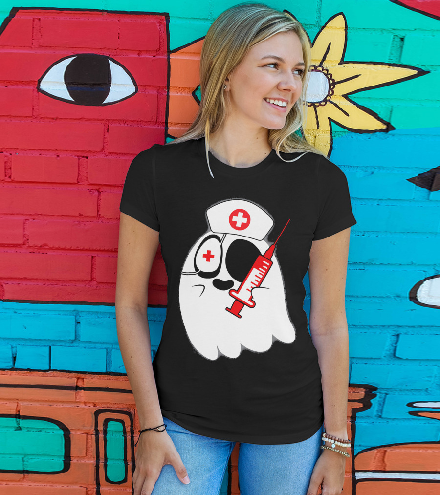 Funny Ghost Nurse Emoji With Syringe Nurse Hat T-Shirt