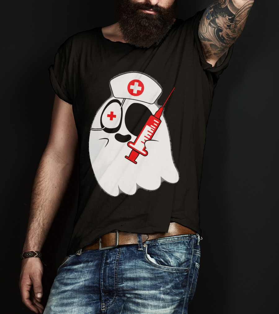 Funny Ghost Nurse Emoji With Syringe Nurse Hat T-Shirt