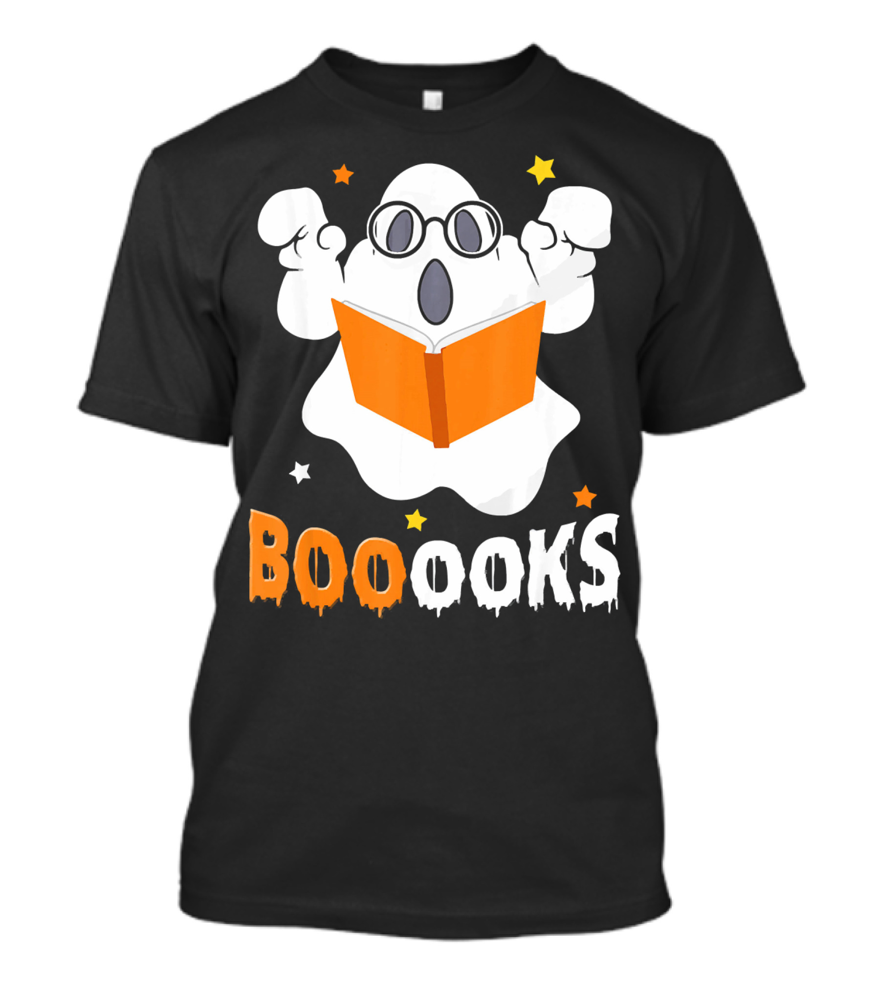 Booooks Ghost With Glasses Holding Orange Book And Stars T-Shirt