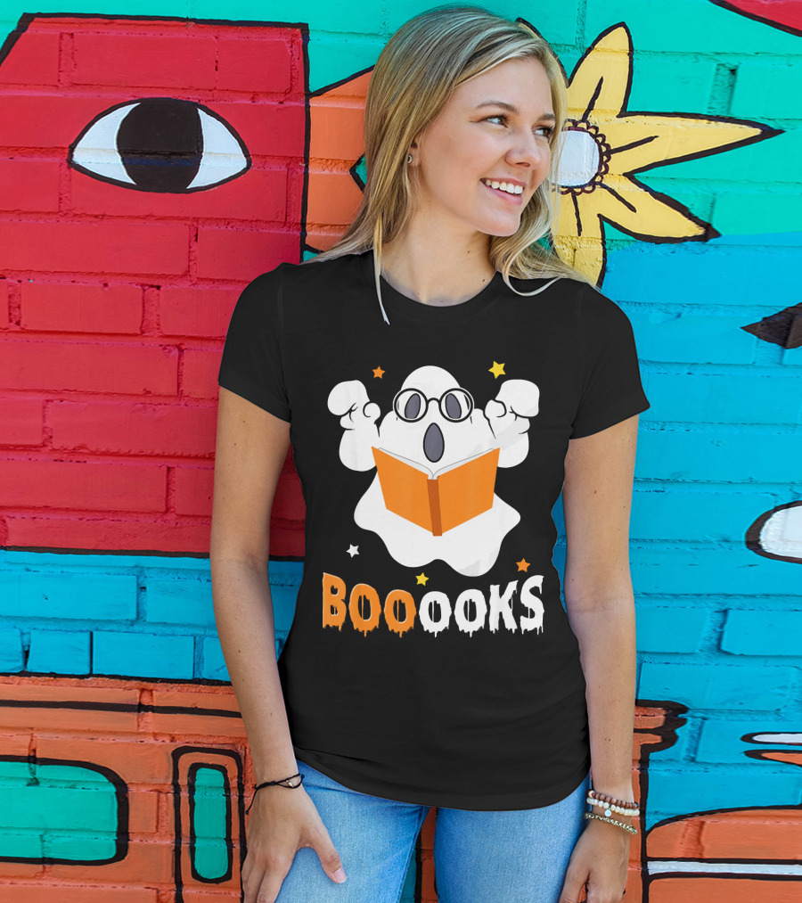 Booooks Ghost With Glasses Holding Orange Book And Stars T-Shirt