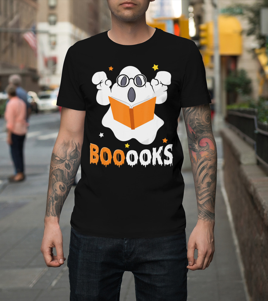 Booooks Ghost With Glasses Holding Orange Book And Stars T-Shirt