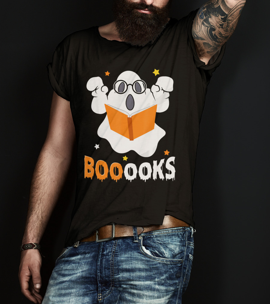 Booooks Ghost With Glasses Holding Orange Book And Stars T-Shirt