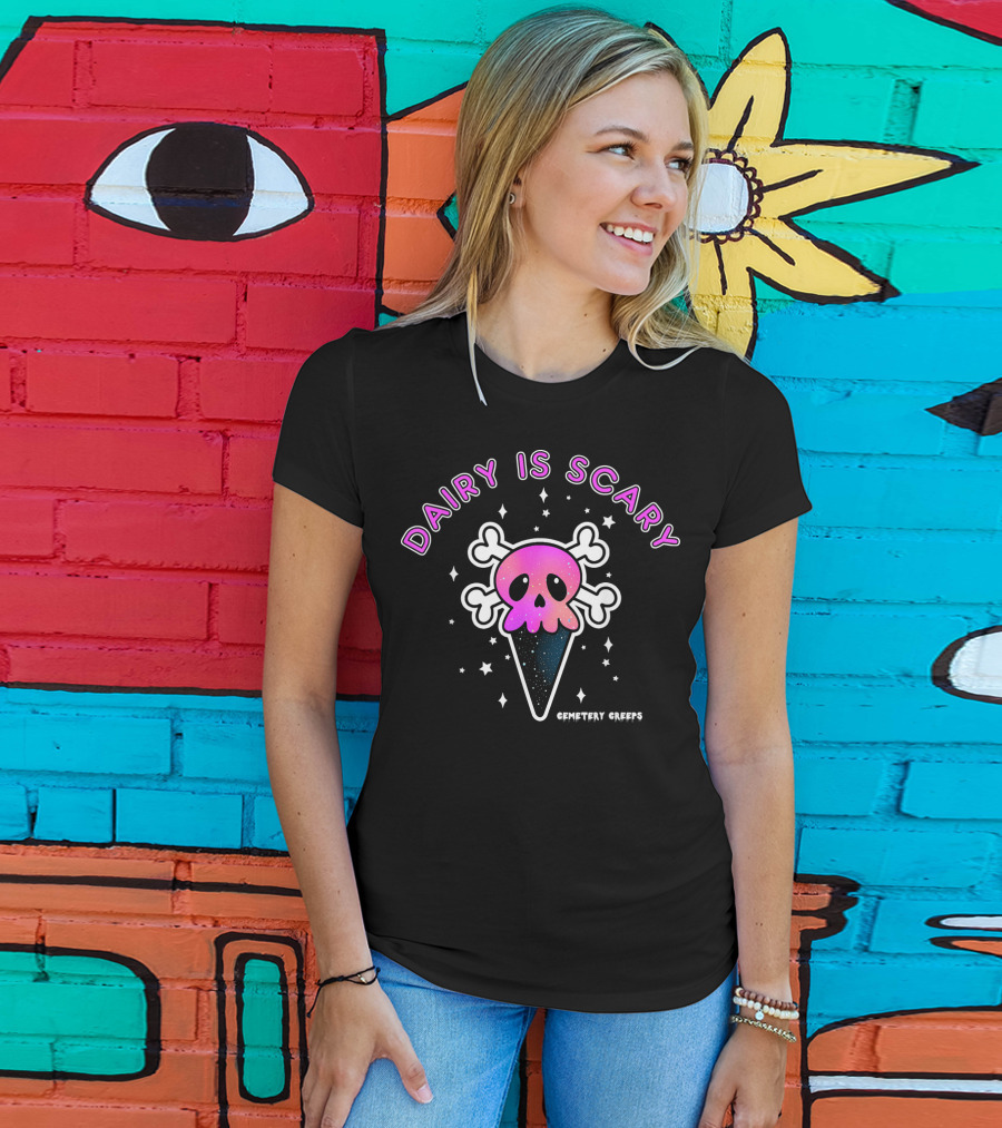 Dairy Is Scary Vegan Halloween Horror Cemetery Creeps Skullicone T-Shirt