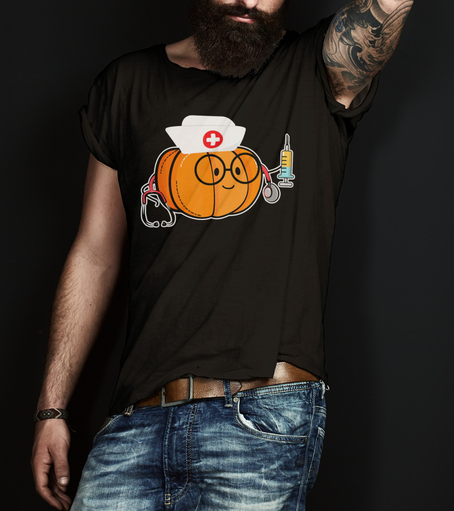 Nurse Halloween Pumpkin With Stethoscope And Syringe Smiling Face T-Shirt