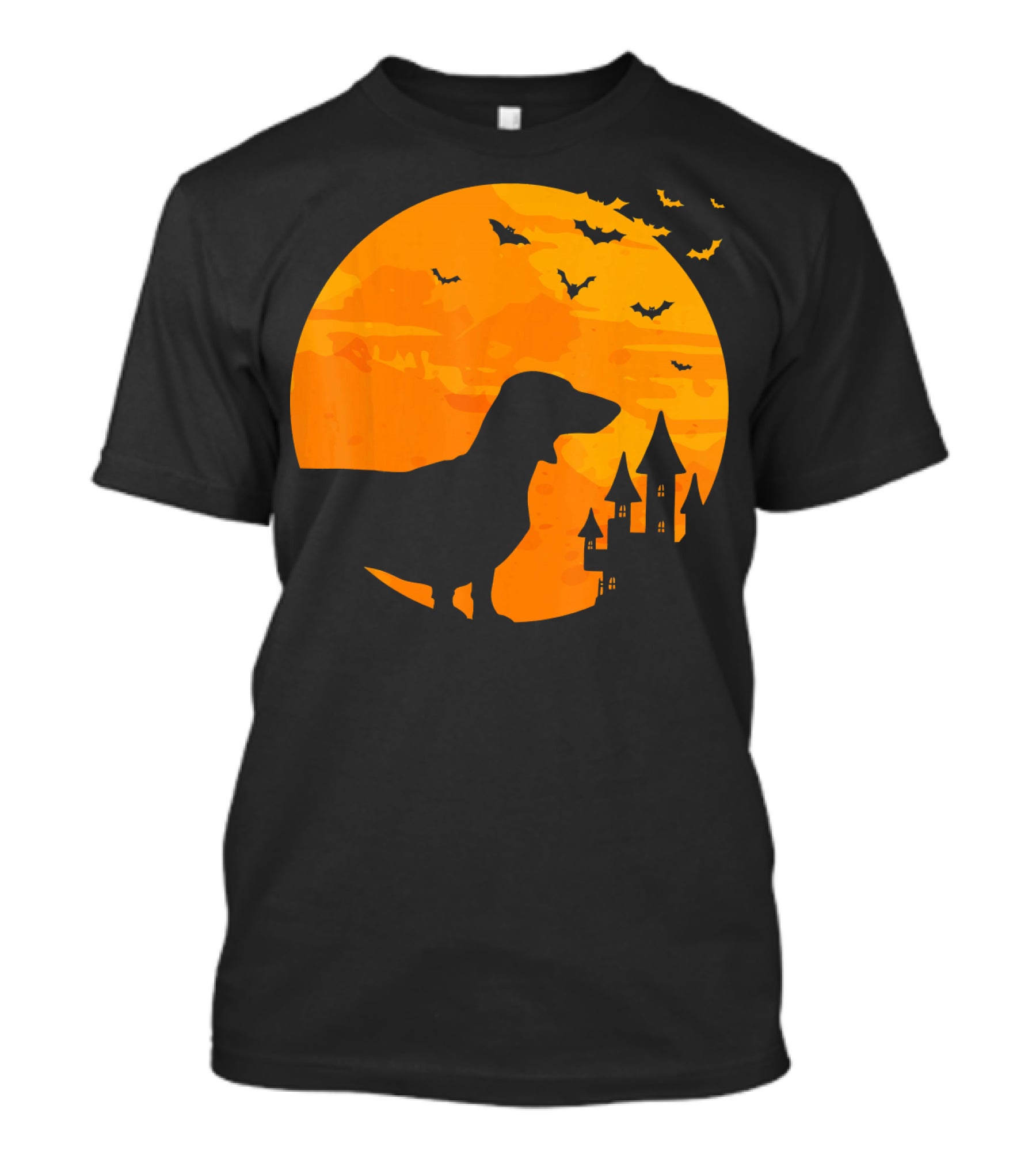 Dachshund Halloween Silhouette With Bats And Haunted Castle T-Shirt