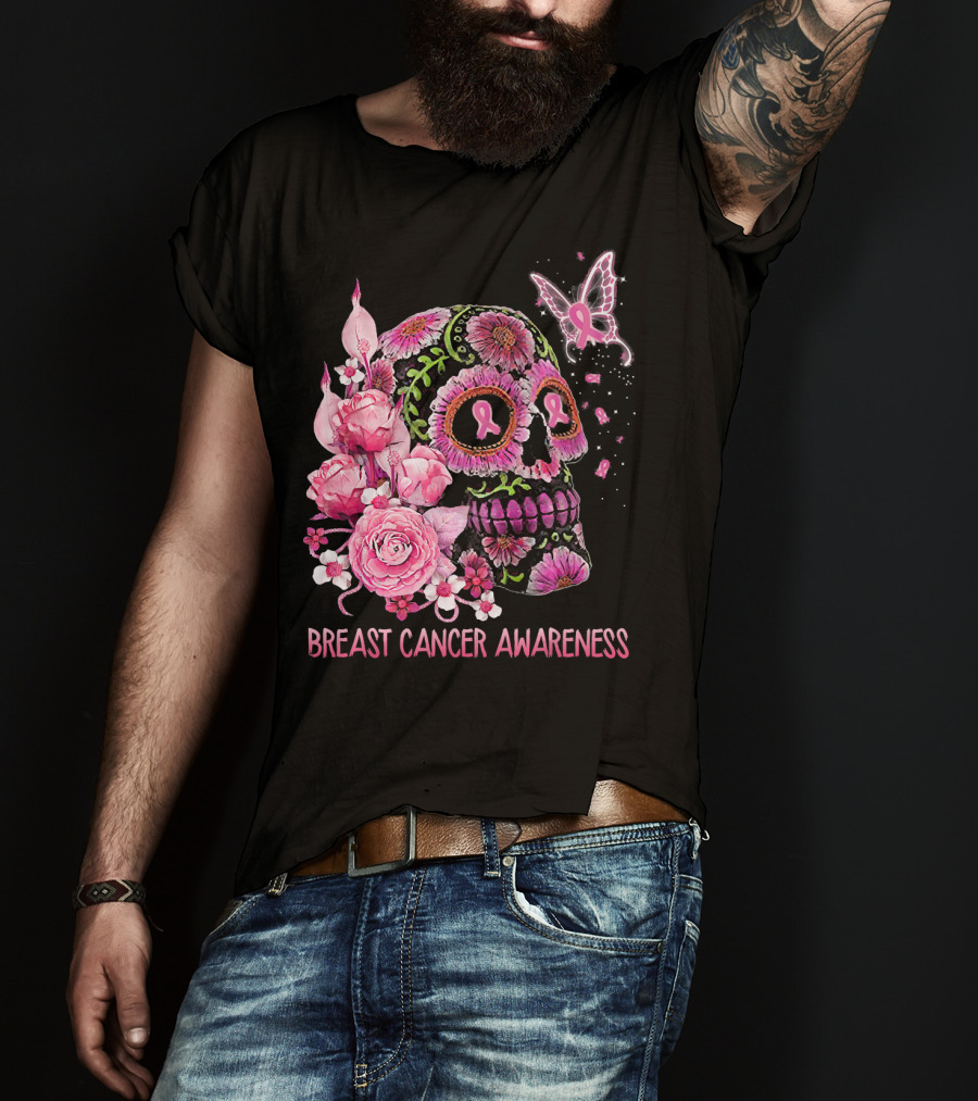 Skull Flower Breast Cancer Awareness Pink Ribbon Butterfly Roses T-Shirt