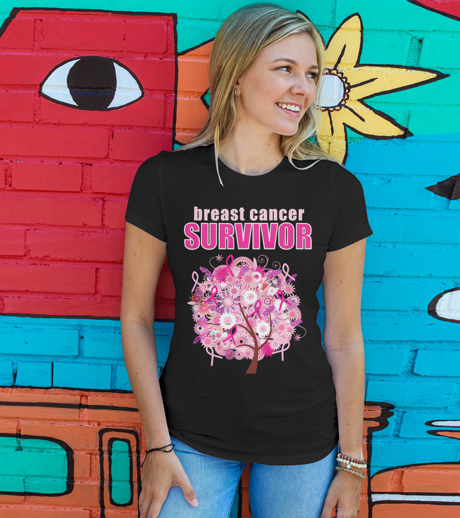 Breast Cancer Survivor Floral Pink Ribbon Tree T-Shirt